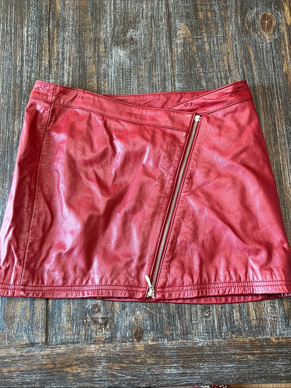 Wilsons Leather Red Leather Mini Skirt with Diagonal Zip